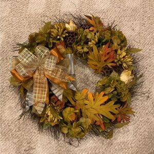 Autumn Leaf & Hydrangea Holiday Wreath with Decorative Bow - Green & Orange
